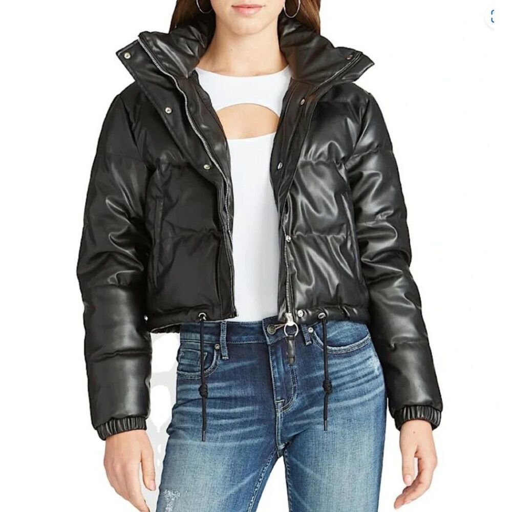 Vigoss Cropped Faux Leather Quilted Puffer Jacket | SZ Large